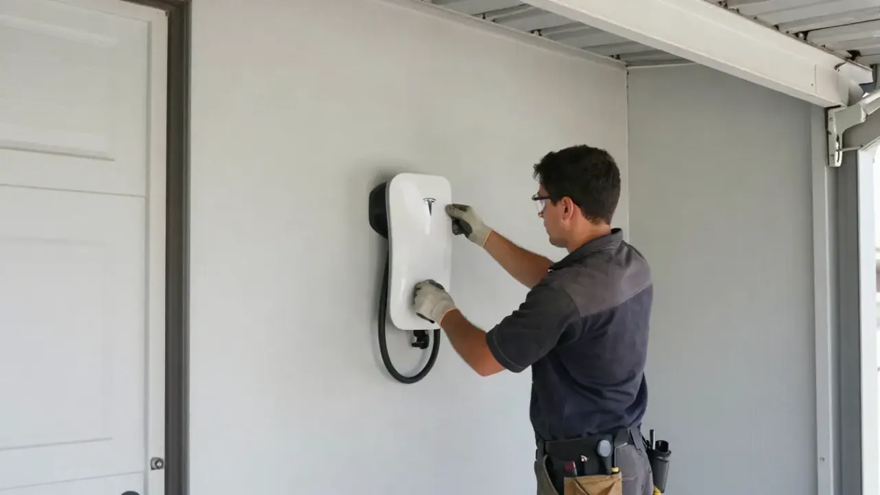 Tesla Wall Connector Installation in Redondo Beach, California: licensed electrician securing a white Tesla Wall Connector