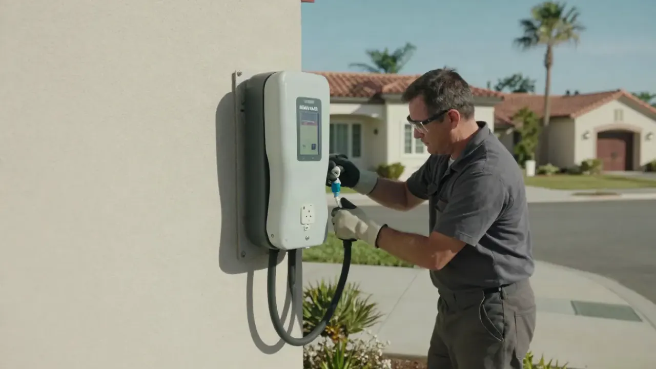 EV Charger Installation in Redondo Beach, California: close-up of a high-quality, weather-resistant outdoor NEMA 14-50