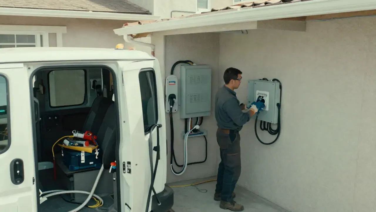 EV Charger Installation in Redondo Beach, California: wide shot of a clean, well-organized service vehicle with various