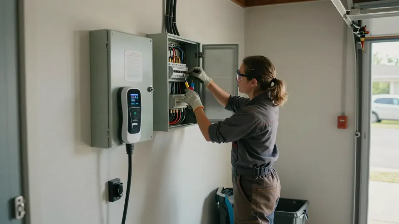 EV Charger Installation in Redondo Beach, California: licensed electrician in work attire, wearing safety glasses, carefully