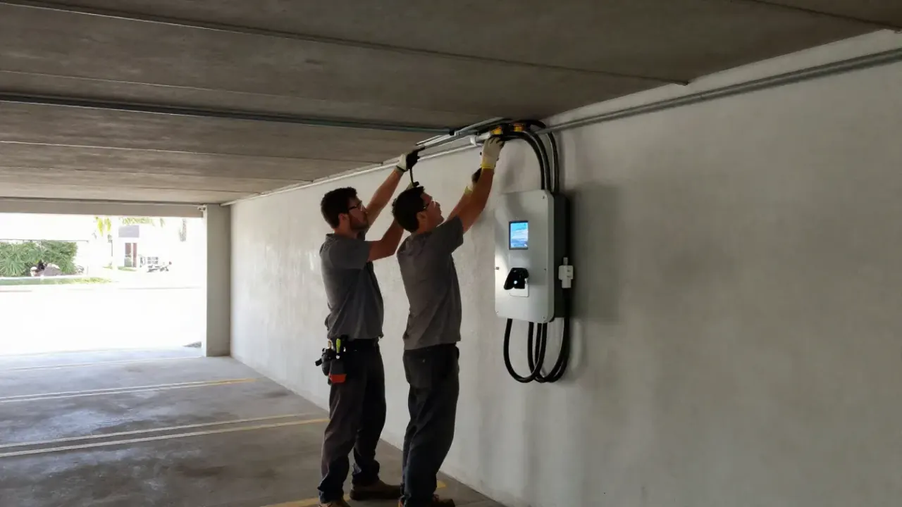 EV Charger Installation in Redondo Beach, California: Two licensed electricians collaboratively routing rigid metallic